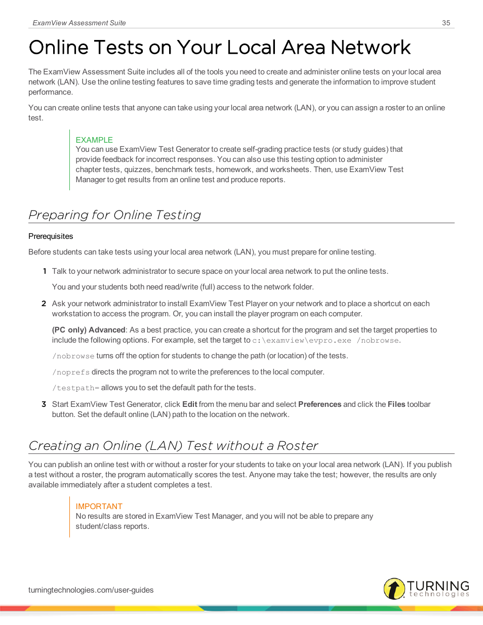Online tests on your local area network, Preparing for online testing, Creating an online (lan) test without a roster | Turning Technologies ExamView User Manual | Page 35 / 52