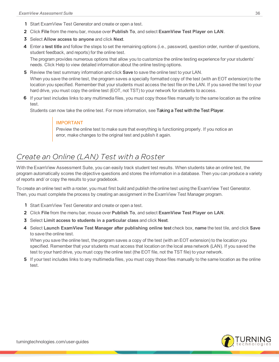 Create an online (lan) test with a roster | Turning Technologies ExamView User Manual | Page 36 / 52