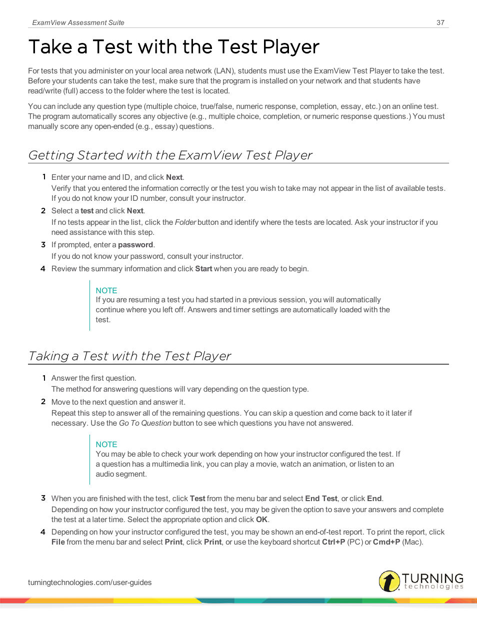 Take a test with the test player, Getting started with the examview test player, Taking a test with the test player | Turning Technologies ExamView User Manual | Page 37 / 52