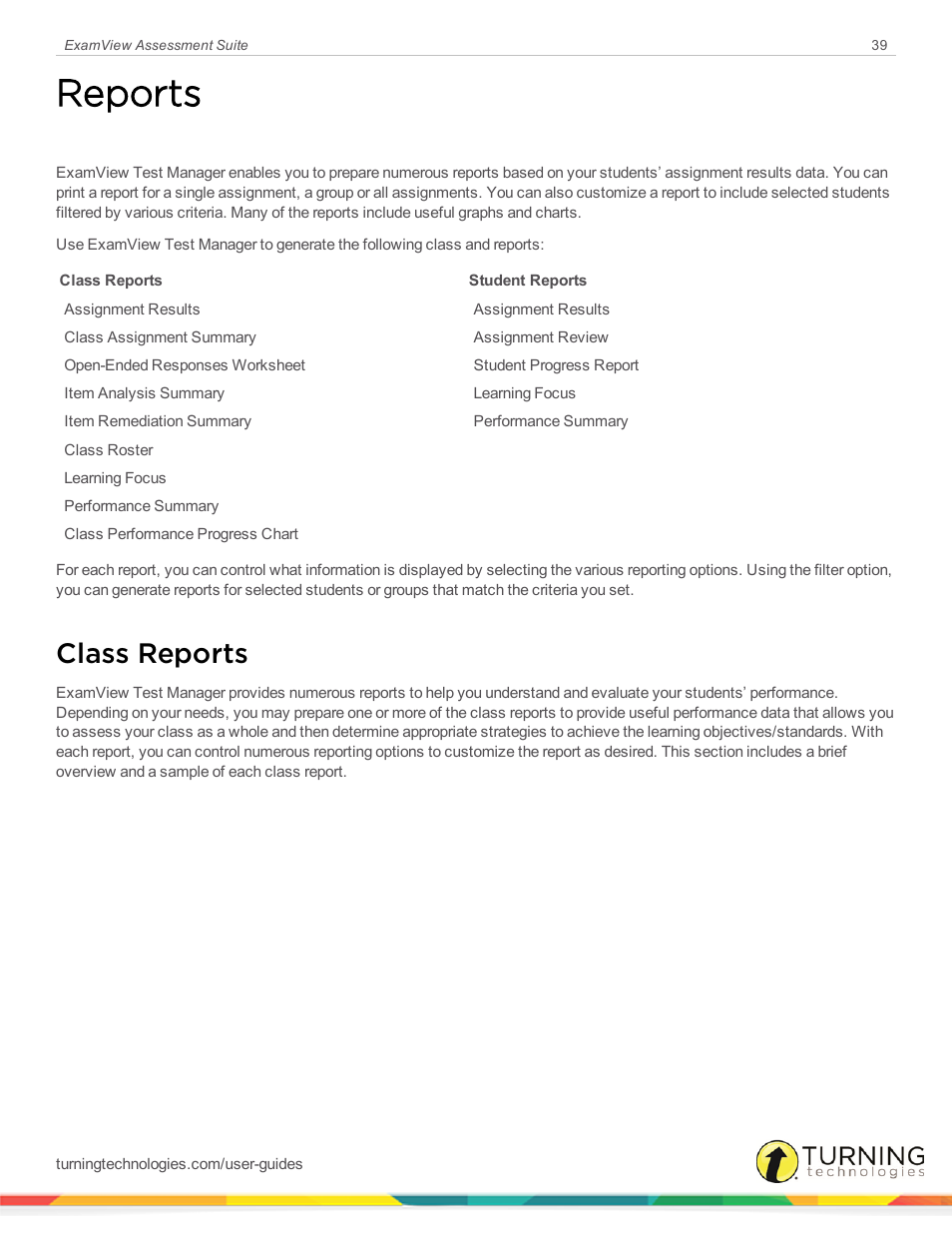 Reports, Class reports | Turning Technologies ExamView User Manual | Page 39 / 52