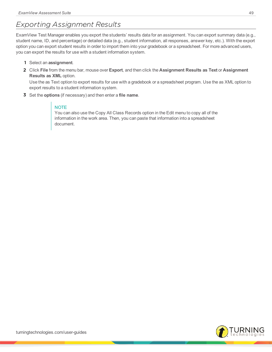 Exporting assignment results | Turning Technologies ExamView User Manual | Page 49 / 52