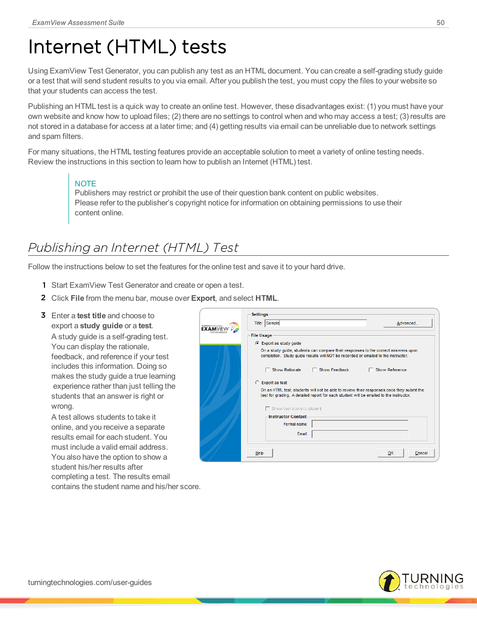 Internet (html) tests, Publishing an internet (html) test | Turning Technologies ExamView User Manual | Page 50 / 52