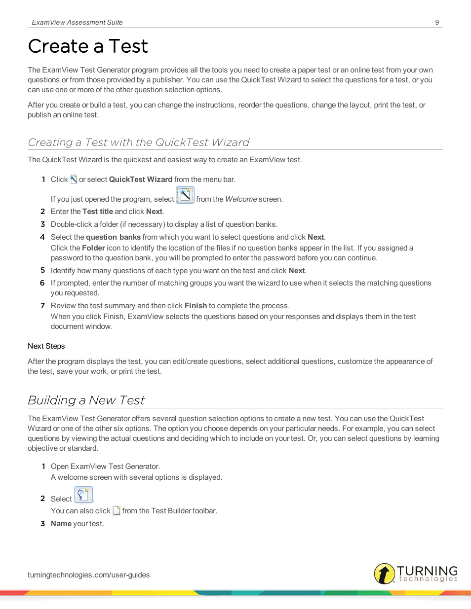 Create a test, Creating a test with the quicktest wizard, Building a new test | Turning Technologies ExamView User Manual | Page 9 / 52