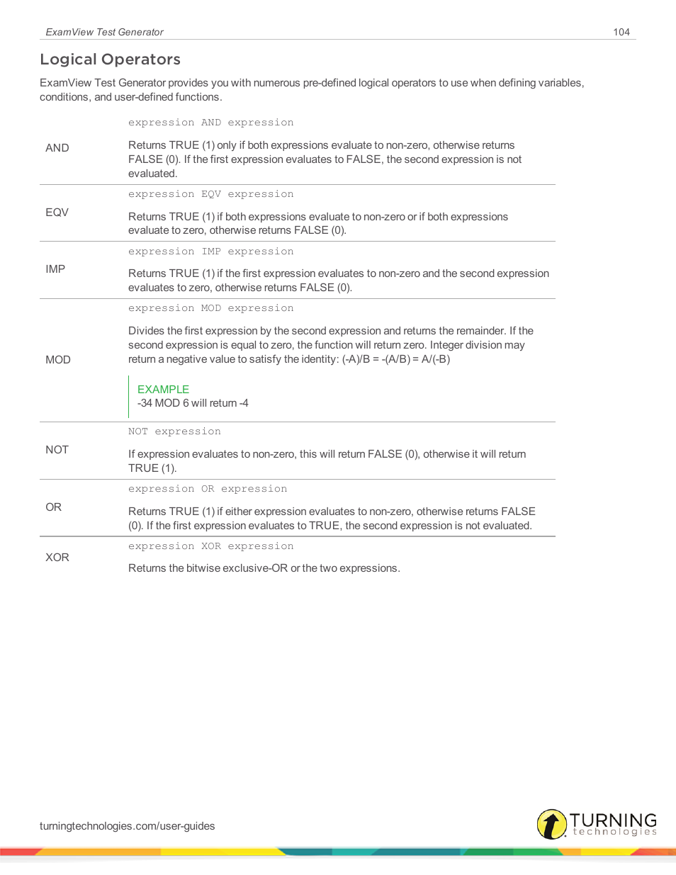 Logical operators | Turning Technologies ExamView User Manual | Page 104 / 190