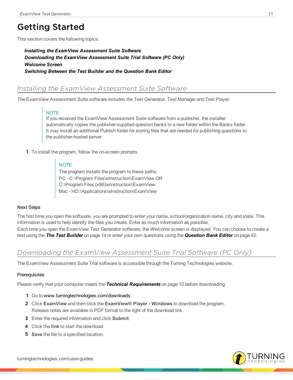 Getting started, Installing the examview assessment suite software | Turning Technologies ExamView User Manual | Page 11 / 190