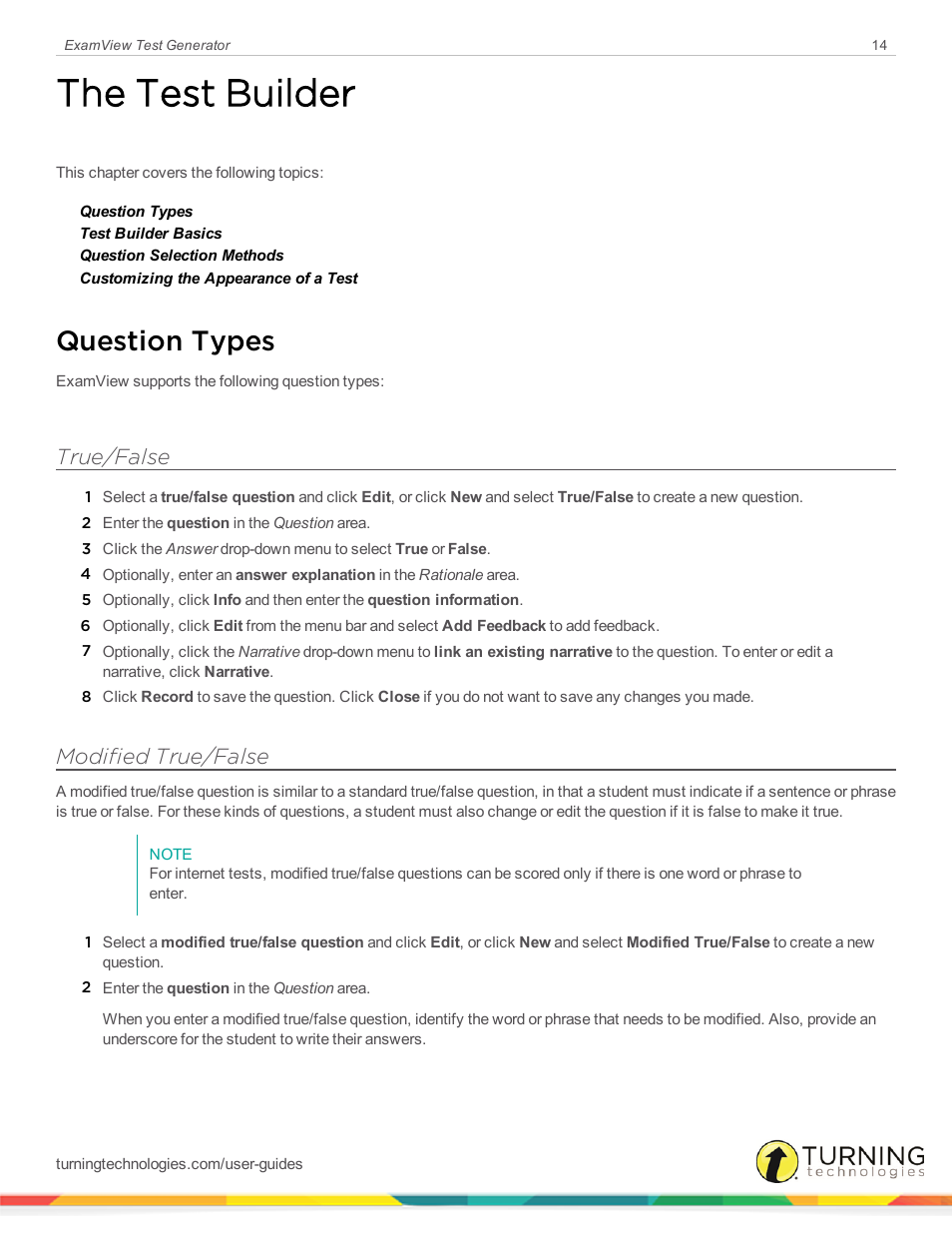 The test builder, Question types, True/false | Modified true/false | Turning Technologies ExamView User Manual | Page 14 / 190