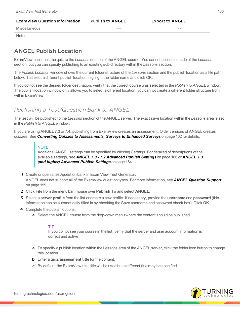 Angel publish location, Publishing a test/question bank to angel | Turning Technologies ExamView User Manual | Page 160 / 190