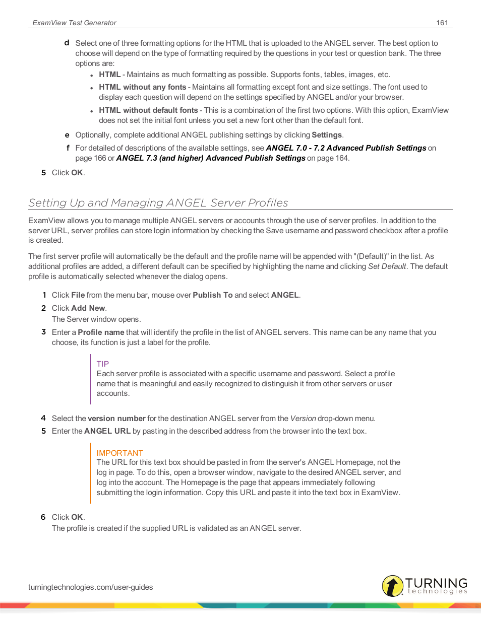 Setting up and managing angel server profiles | Turning Technologies ExamView User Manual | Page 161 / 190