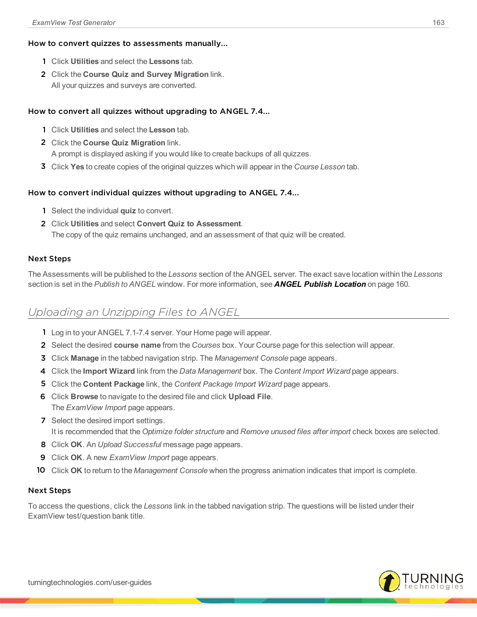 Uploading an unzipping files to angel | Turning Technologies ExamView User Manual | Page 163 / 190
