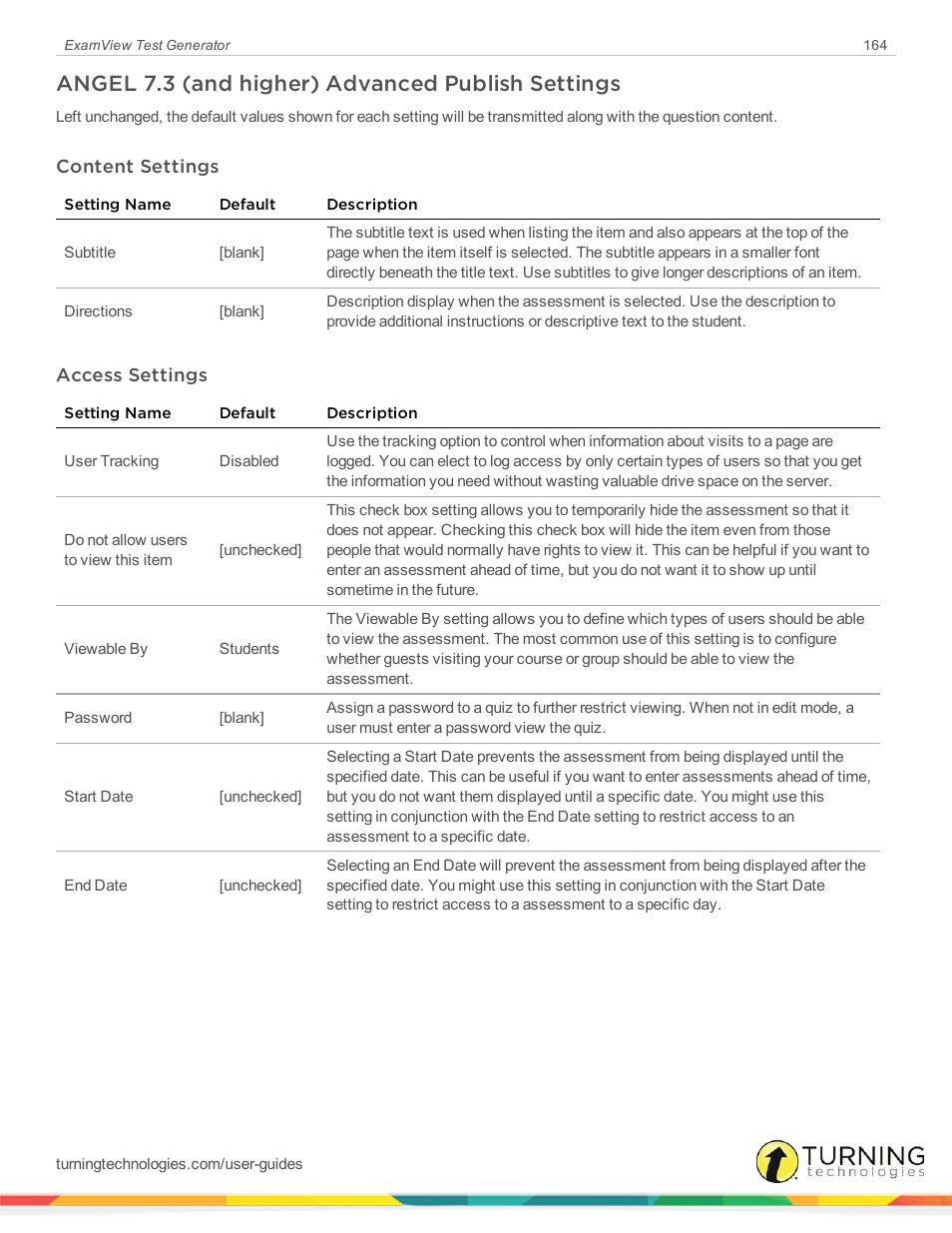 Angel 7.3 (and higher) advanced publish settings, Content settings, Access settings | Angel 7.3, And higher) advanced publish settings | Turning Technologies ExamView User Manual | Page 164 / 190