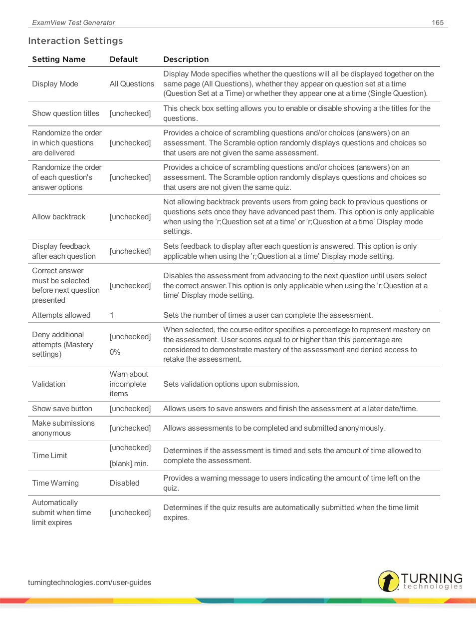 Interaction settings | Turning Technologies ExamView User Manual | Page 165 / 190