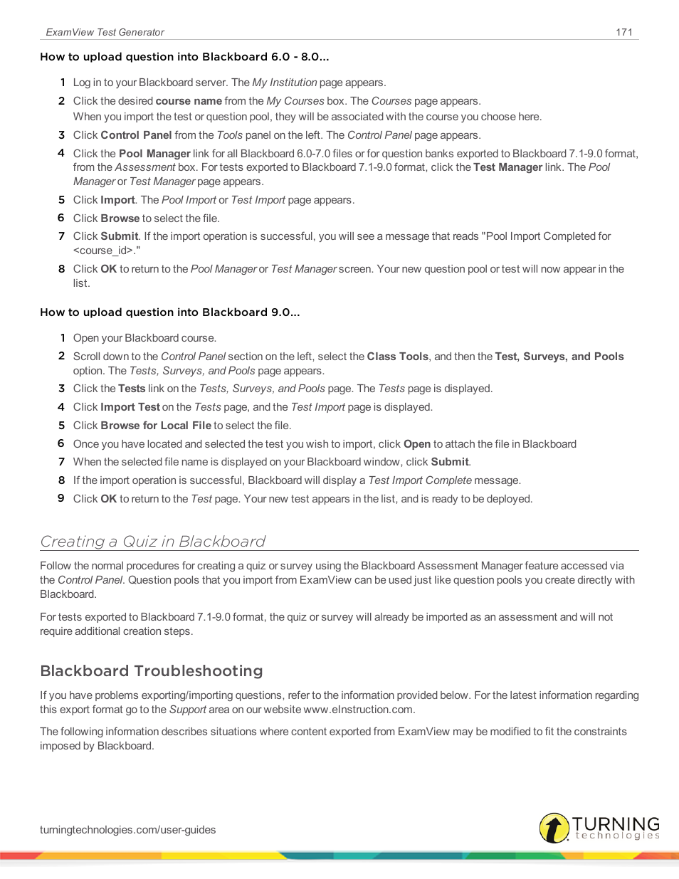 Creating a quiz in blackboard, Blackboard troubleshooting | Turning Technologies ExamView User Manual | Page 171 / 190