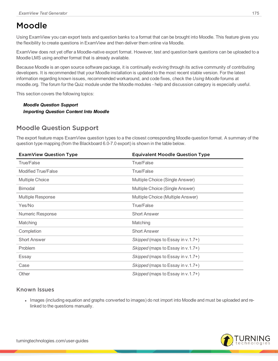 Moodle, Moodle question support, Known issues | Turning Technologies ExamView User Manual | Page 175 / 190