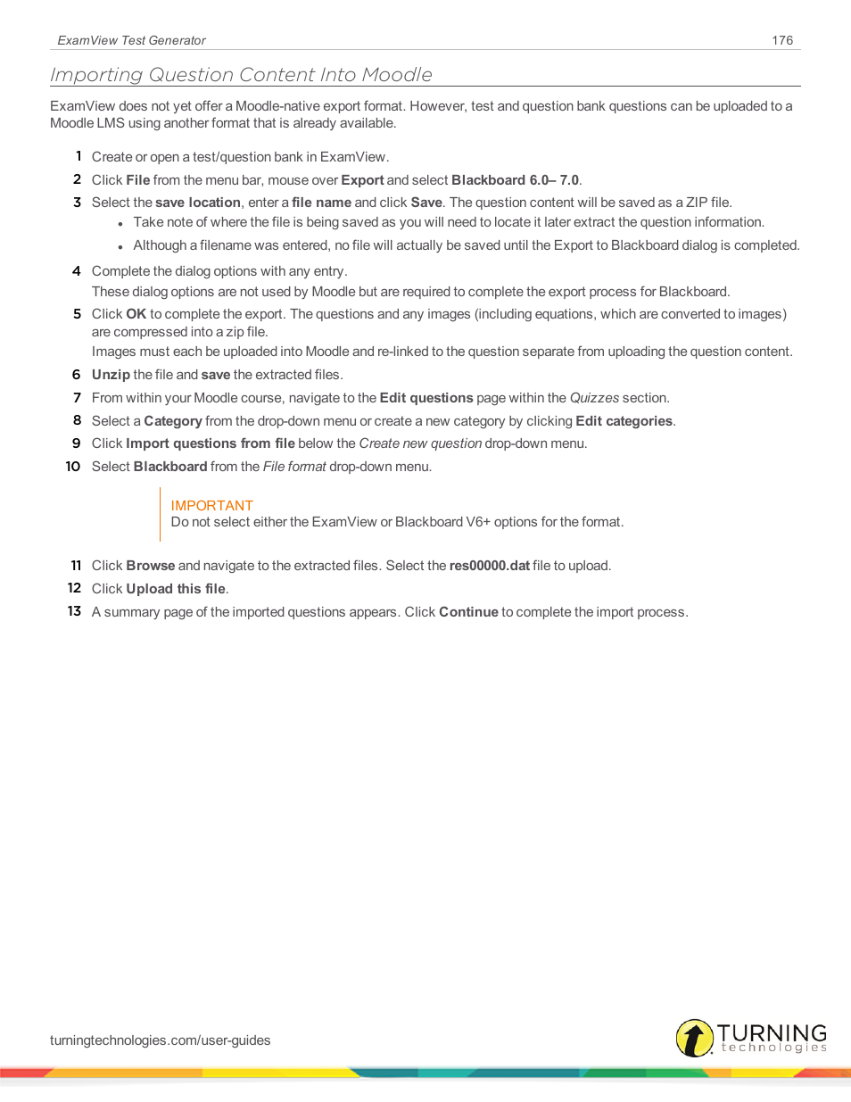 Importing question content into moodle | Turning Technologies ExamView User Manual | Page 176 / 190