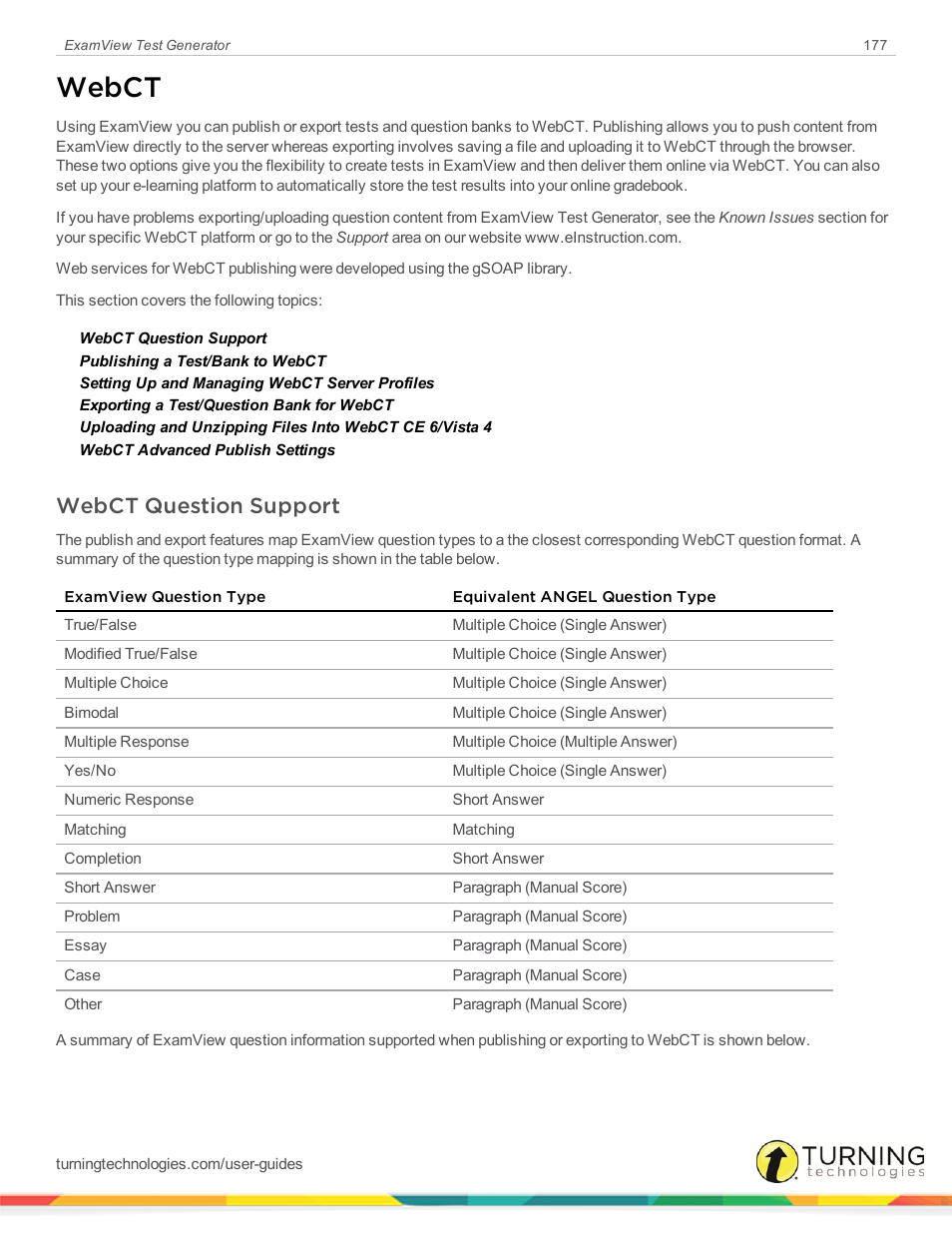 Webct, Webct question support | Turning Technologies ExamView User Manual | Page 177 / 190