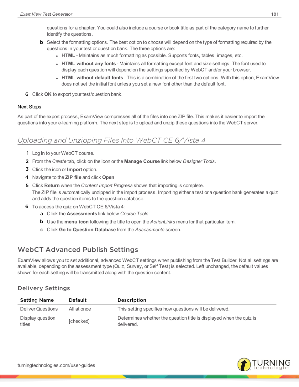 Webct advanced publish settings, Delivery settings | Turning Technologies ExamView User Manual | Page 181 / 190