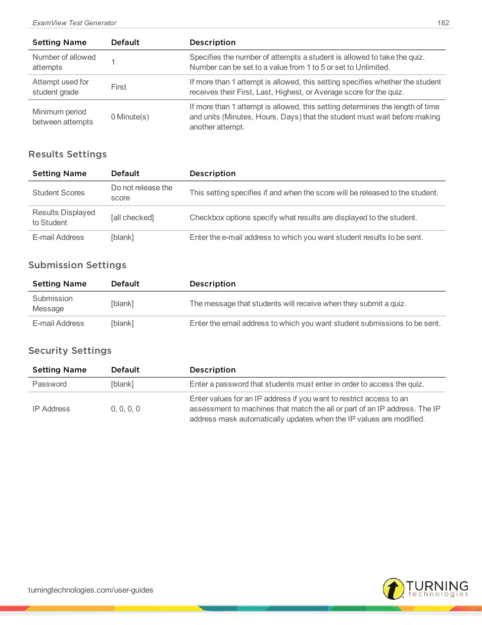 Results settings, Submission settings, Security settings | Turning Technologies ExamView User Manual | Page 182 / 190