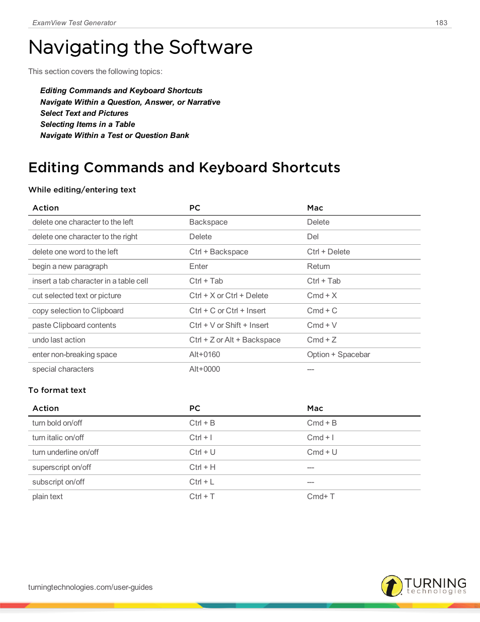 Navigating the software, Editing commands and keyboard shortcuts | Turning Technologies ExamView User Manual | Page 183 / 190