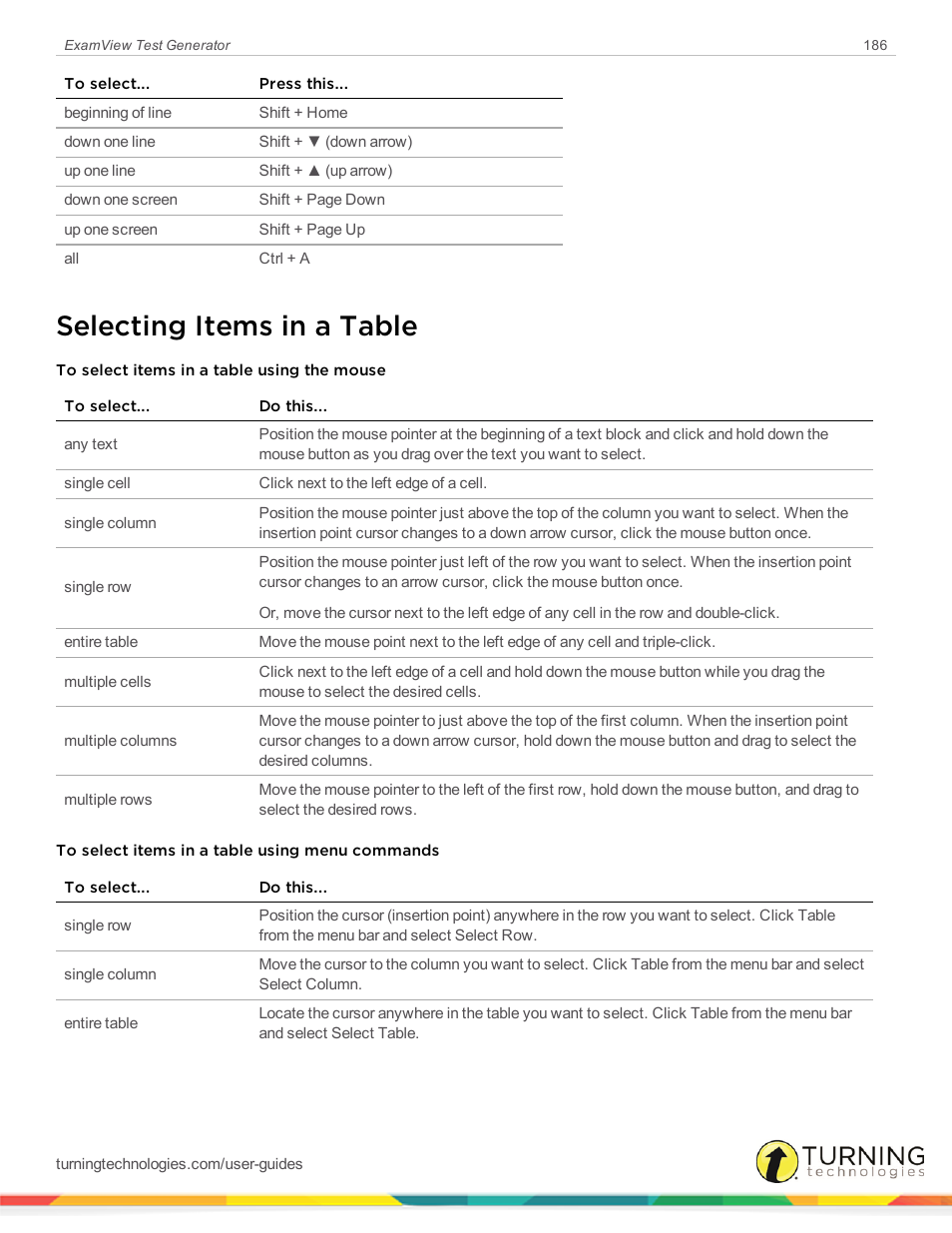 Selecting items in a table | Turning Technologies ExamView User Manual | Page 186 / 190