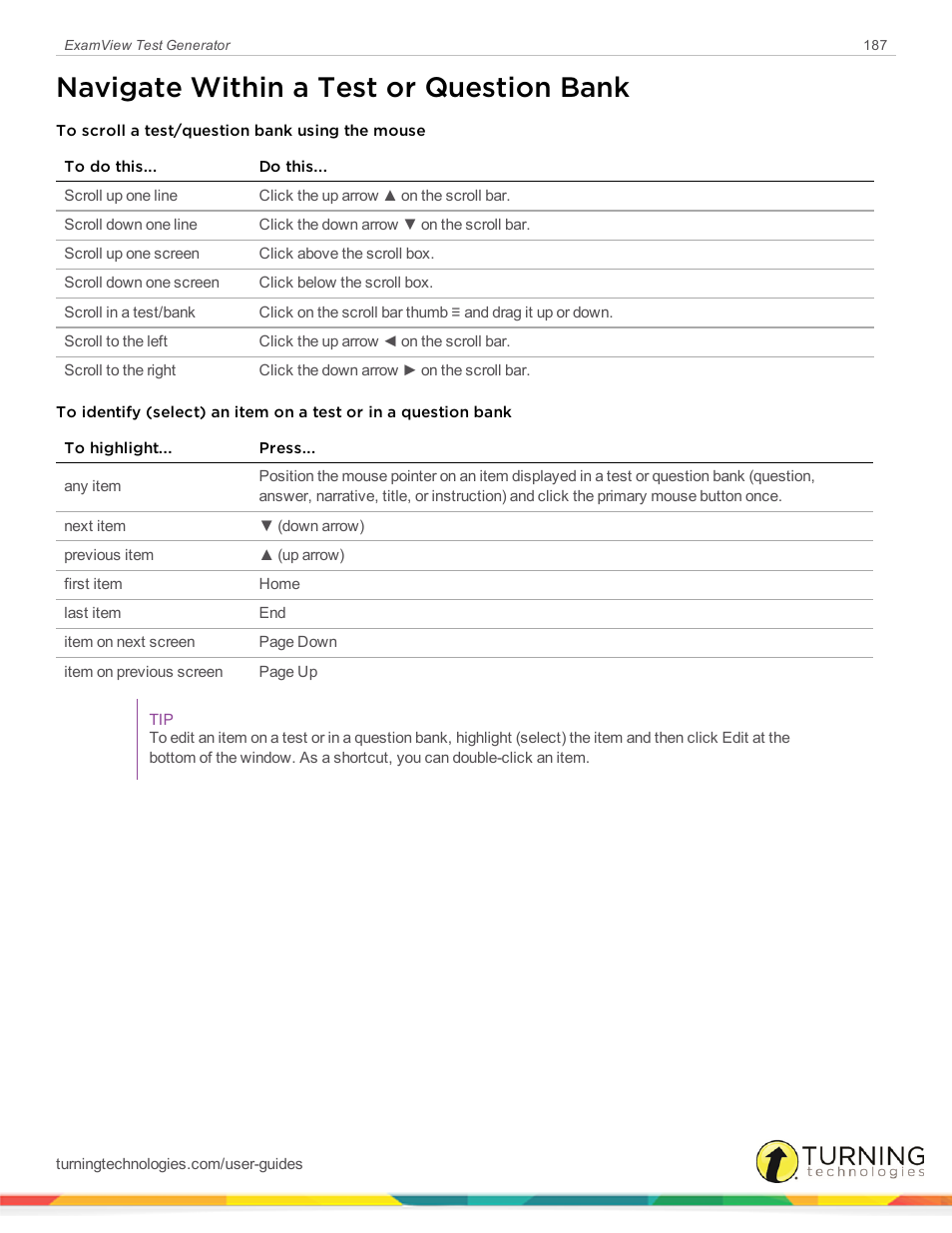 Navigate within a test or question bank | Turning Technologies ExamView User Manual | Page 187 / 190