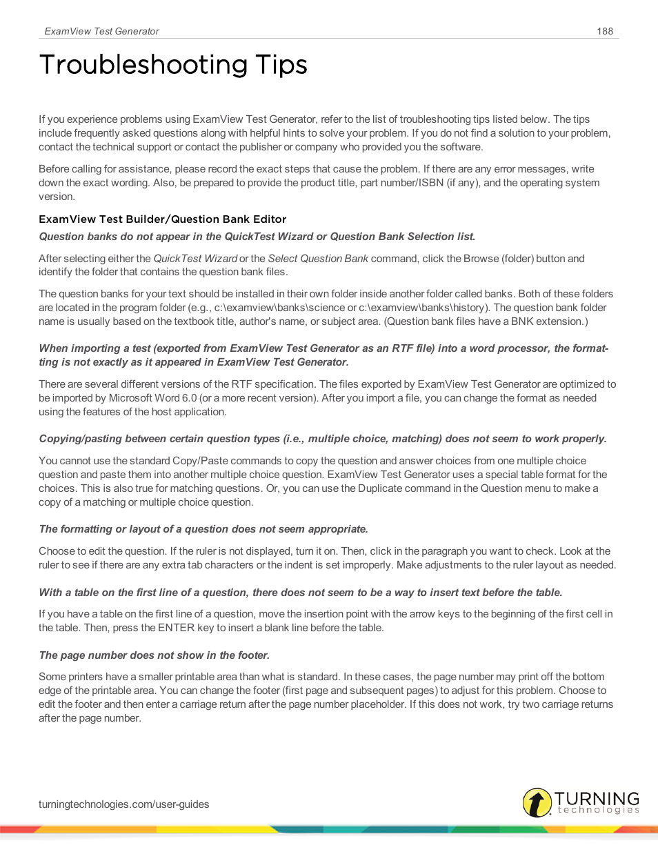 Troubleshooting tips | Turning Technologies ExamView User Manual | Page 188 / 190