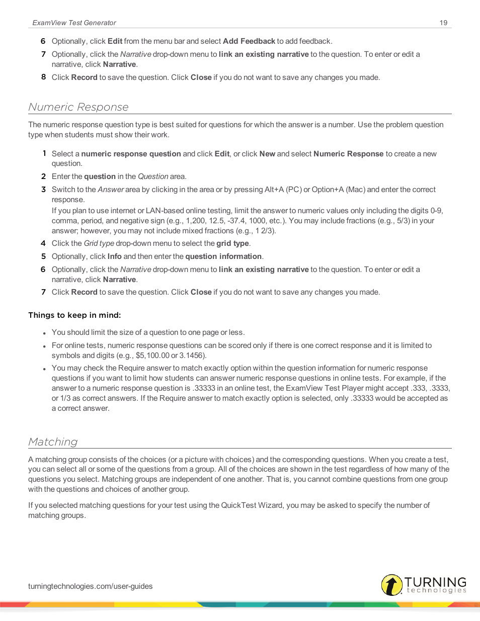 Numeric response, Matching | Turning Technologies ExamView User Manual | Page 19 / 190