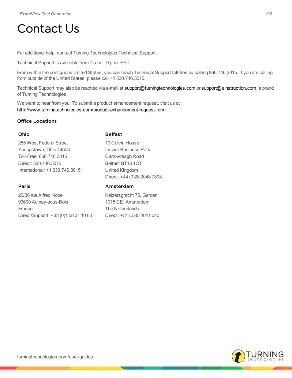 Contact us | Turning Technologies ExamView User Manual | Page 190 / 190