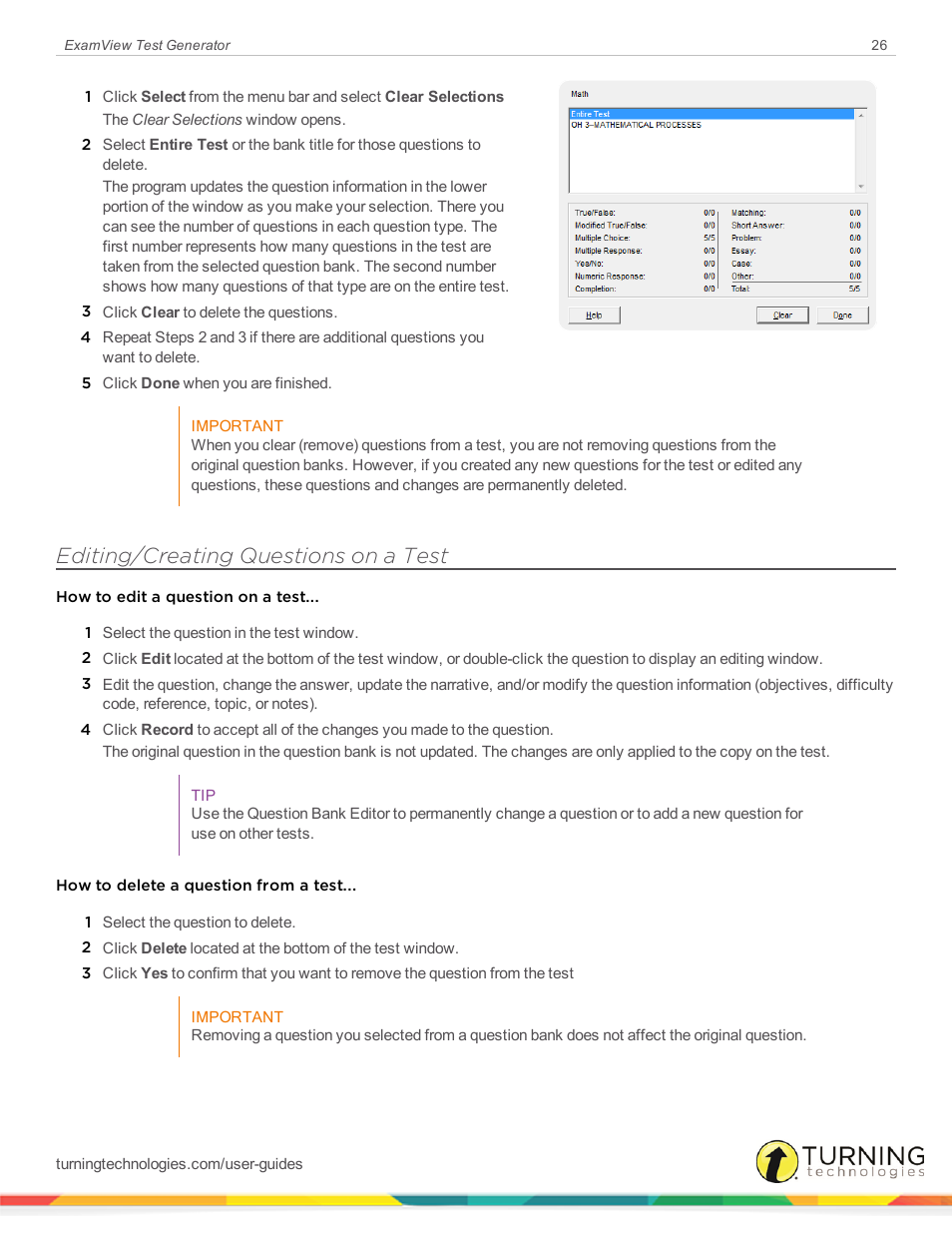 Editing/creating questions on a test | Turning Technologies ExamView User Manual | Page 26 / 190