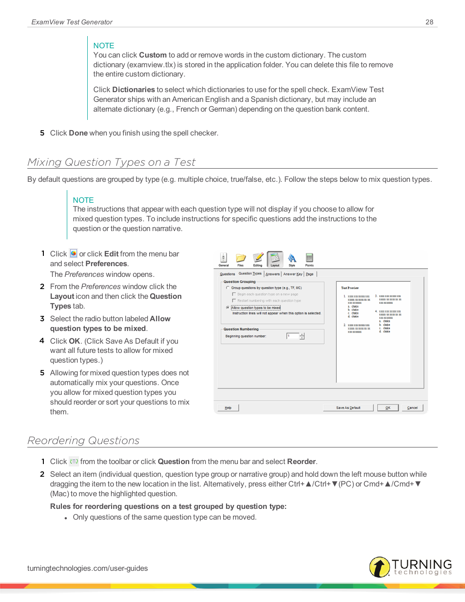 Mixing question types on a test, Reordering questions | Turning Technologies ExamView User Manual | Page 28 / 190