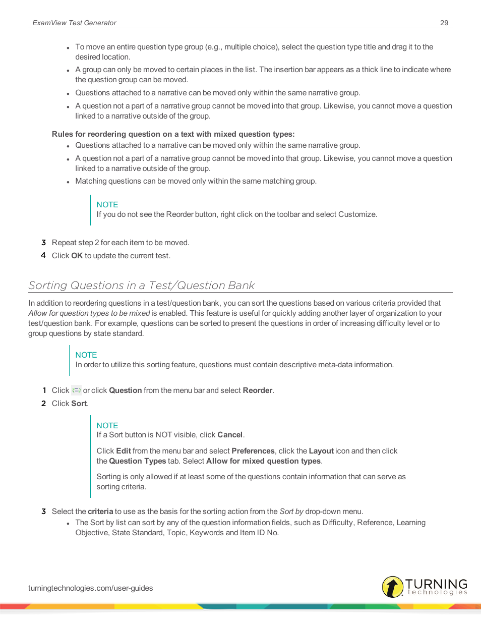 Sorting questions in a test/question bank | Turning Technologies ExamView User Manual | Page 29 / 190