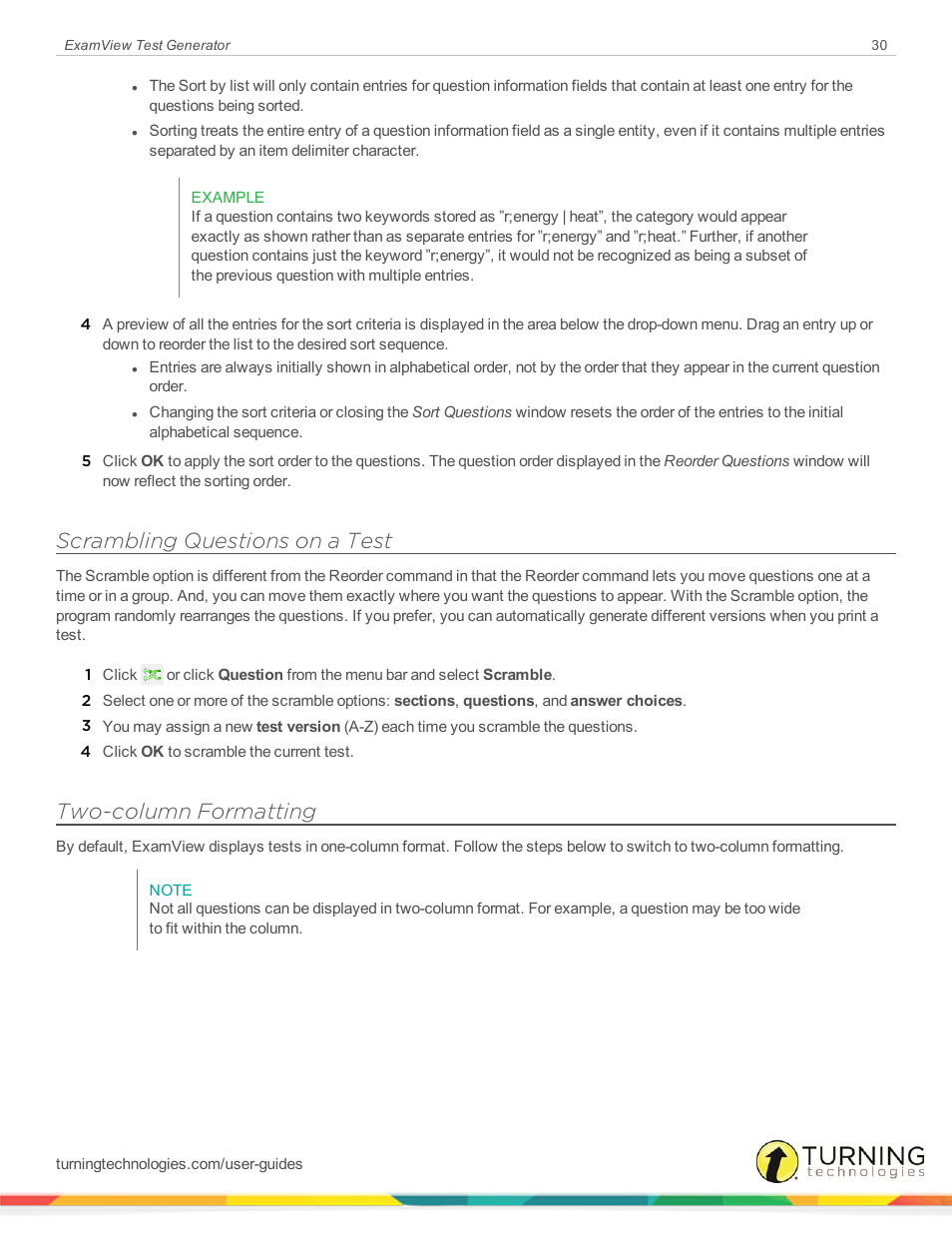 Scrambling questions on a test, Two-column formatting | Turning Technologies ExamView User Manual | Page 30 / 190