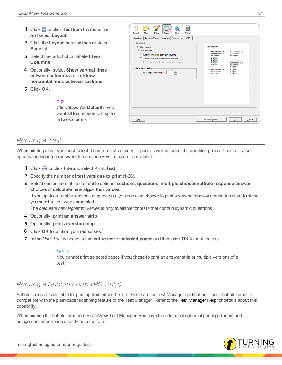 Printing a test, Printing a bubble form (pc only) | Turning Technologies ExamView User Manual | Page 31 / 190
