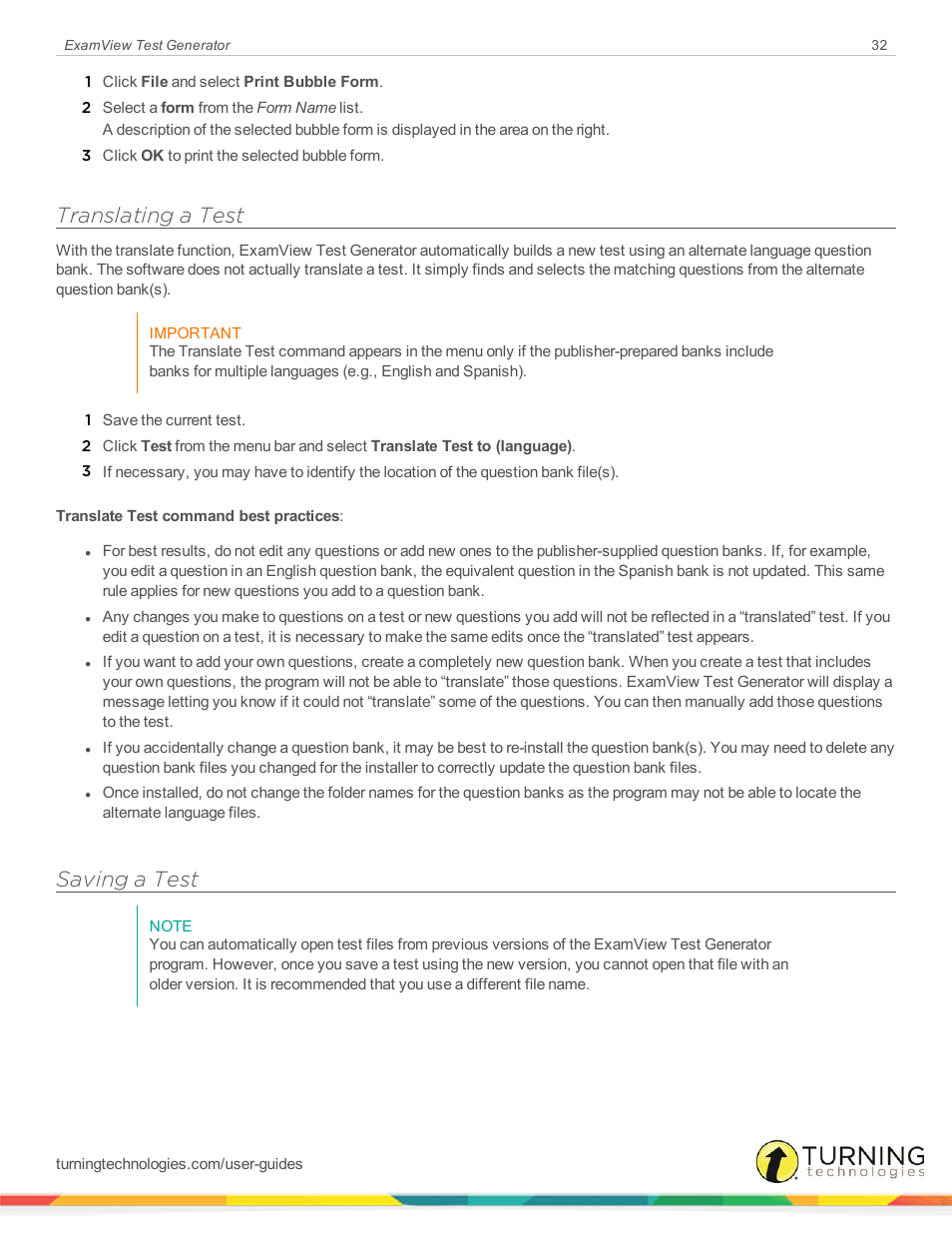 Translating a test, Saving a test | Turning Technologies ExamView User Manual | Page 32 / 190