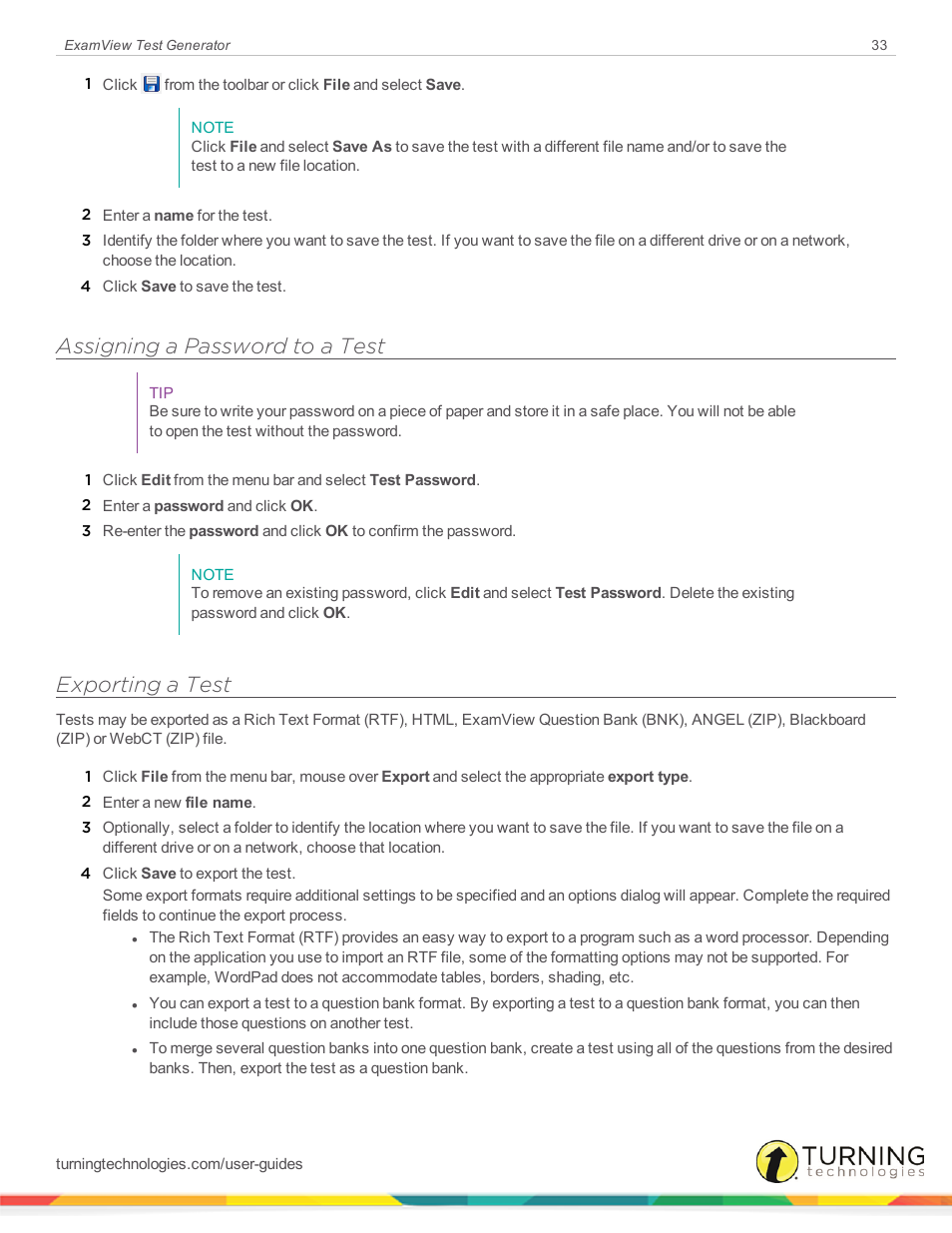 Assigning a password to a test, Exporting a test | Turning Technologies ExamView User Manual | Page 33 / 190