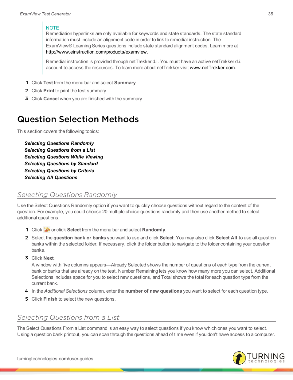 Question selection methods, Selecting questions randomly, Selecting questions from a list | Turning Technologies ExamView User Manual | Page 35 / 190