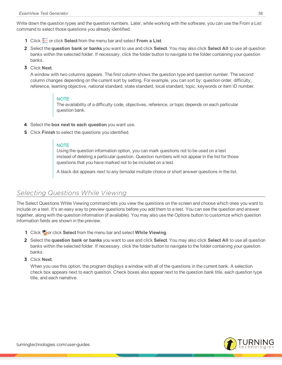 Selecting questions while viewing | Turning Technologies ExamView User Manual | Page 36 / 190