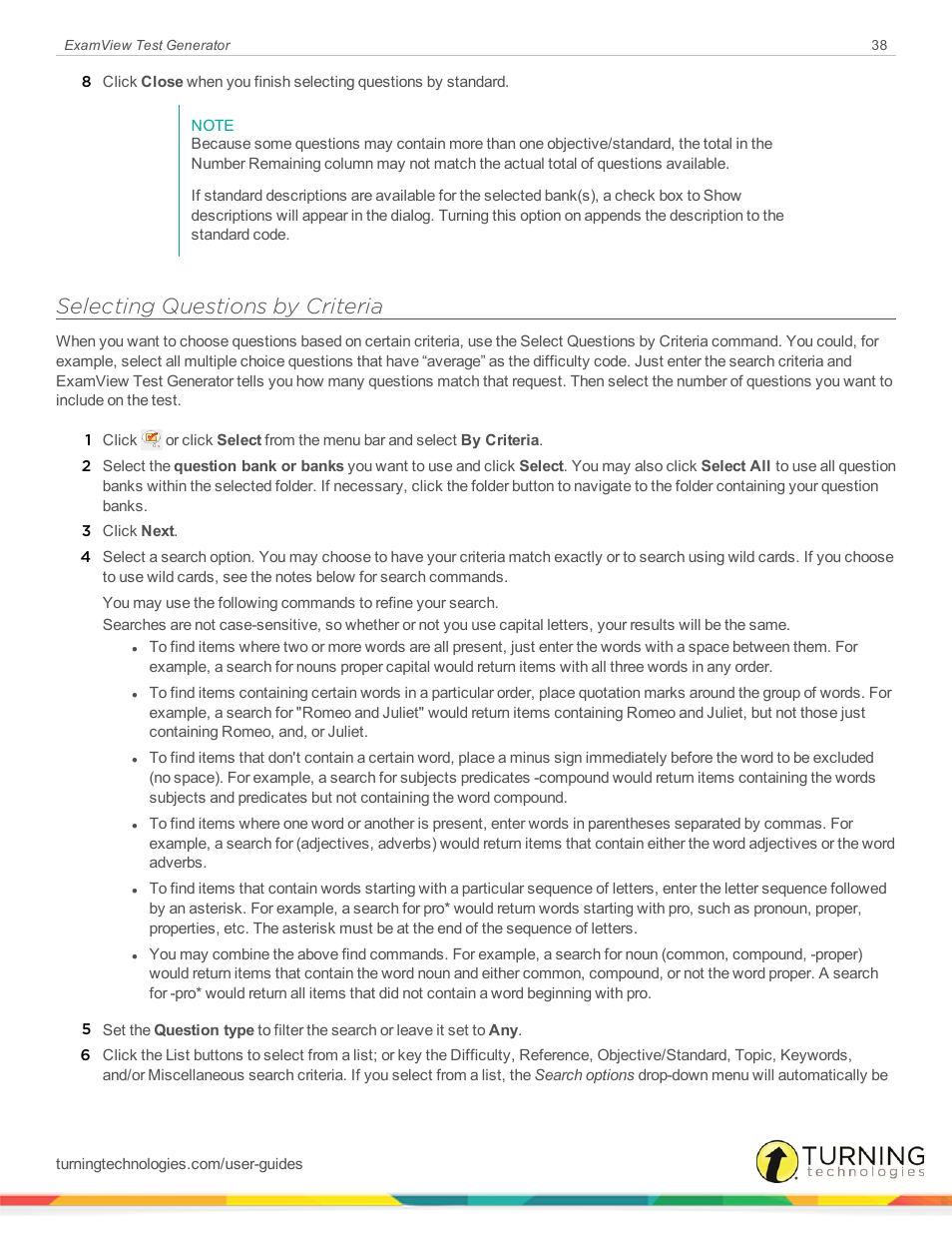 Selecting questions by criteria | Turning Technologies ExamView User Manual | Page 38 / 190