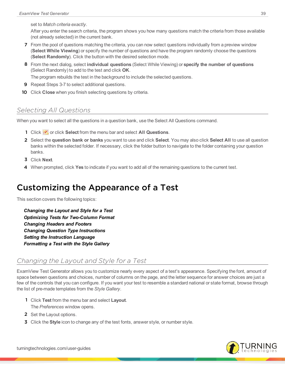 Selecting all questions, Customizing the appearance of a test, Changing the layout and style for a test | Turning Technologies ExamView User Manual | Page 39 / 190