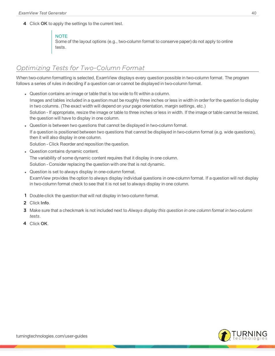 Optimizing tests for two-column format | Turning Technologies ExamView User Manual | Page 40 / 190