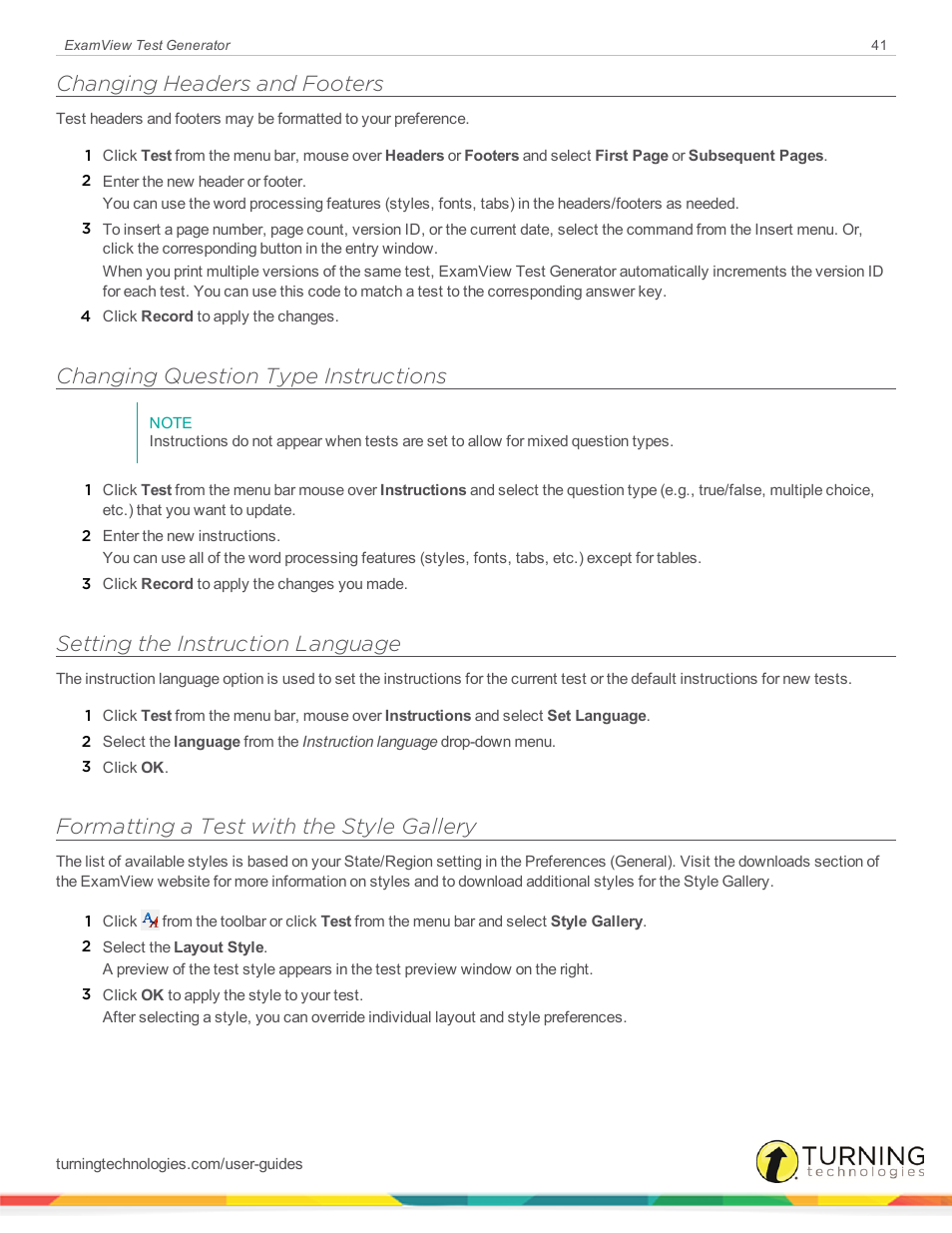 Changing headers and footers, Changing question type instructions, Setting the instruction language | Formatting a test with the style gallery | Turning Technologies ExamView User Manual | Page 41 / 190