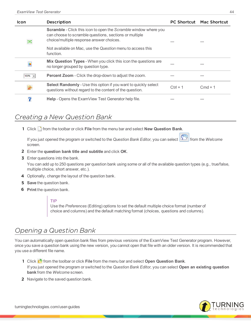 Creating a new question bank, Opening a question bank | Turning Technologies ExamView User Manual | Page 44 / 190