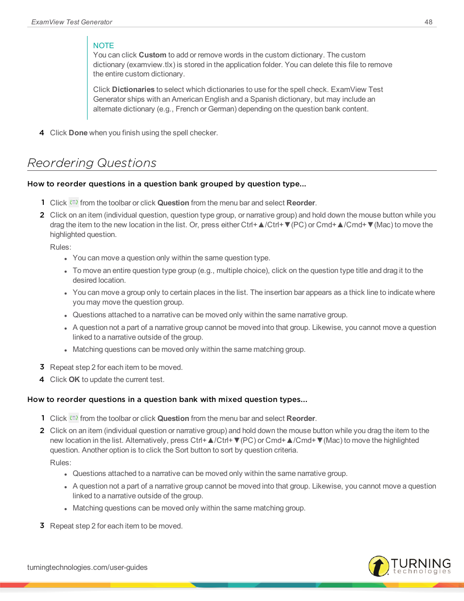 Reordering questions | Turning Technologies ExamView User Manual | Page 48 / 190