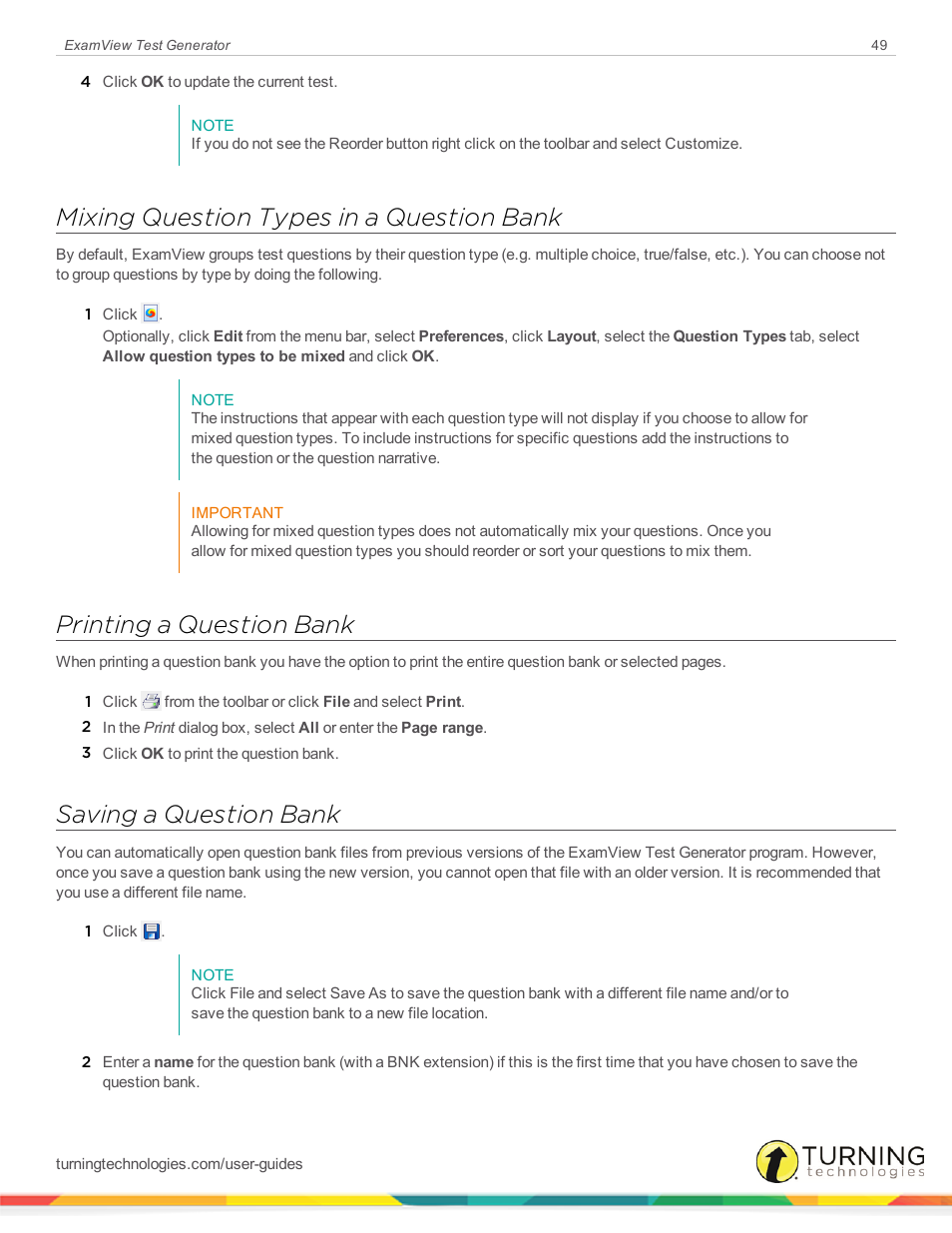 Mixing question types in a question bank, Printing a question bank, Saving a question bank | Turning Technologies ExamView User Manual | Page 49 / 190