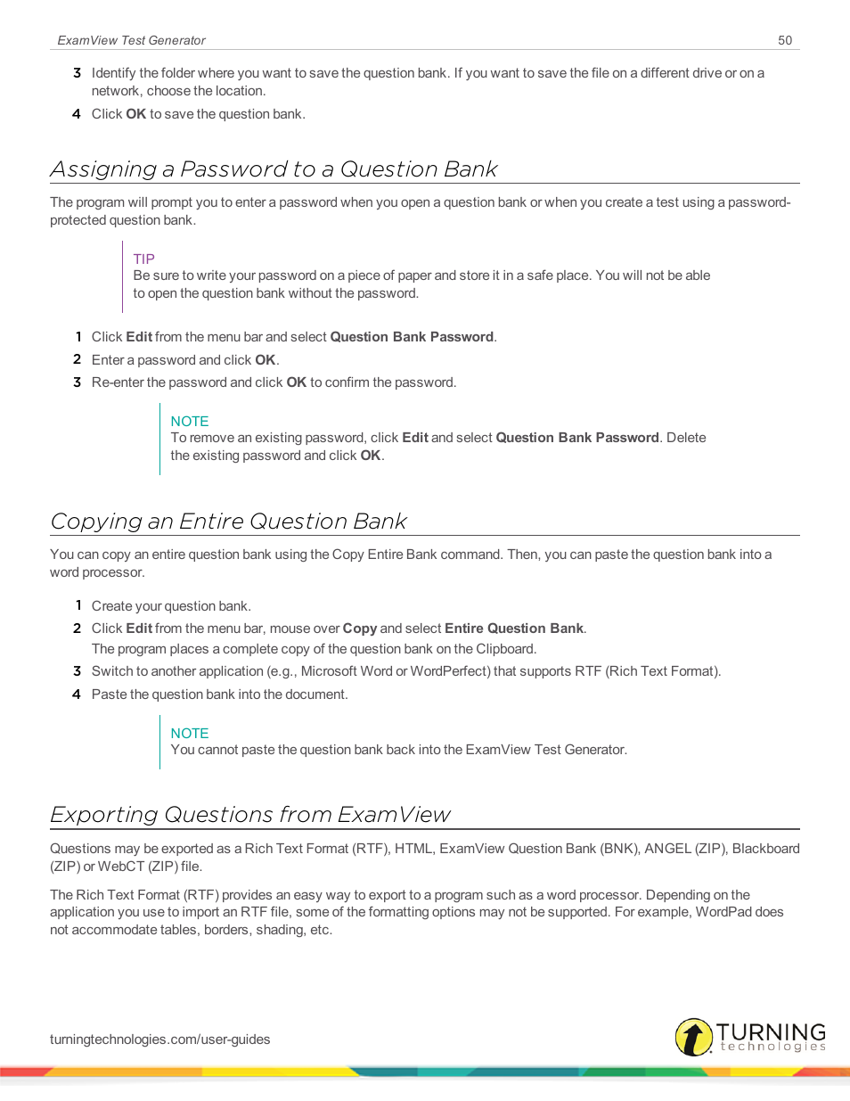 Assigning a password to a question bank, Copying an entire question bank, Exporting questions from examview | Turning Technologies ExamView User Manual | Page 50 / 190