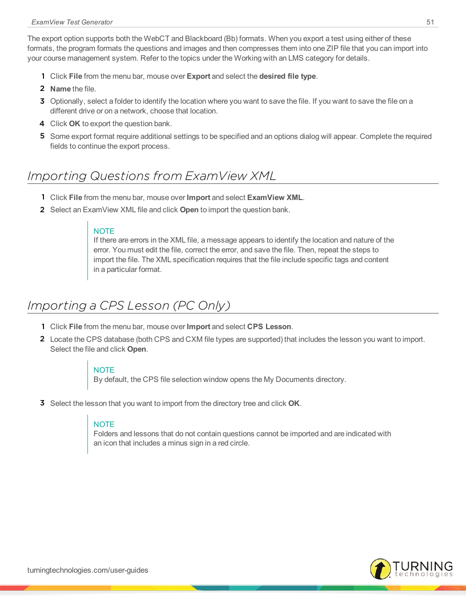 Importing questions from examview xml, Importing a cps lesson (pc only) | Turning Technologies ExamView User Manual | Page 51 / 190