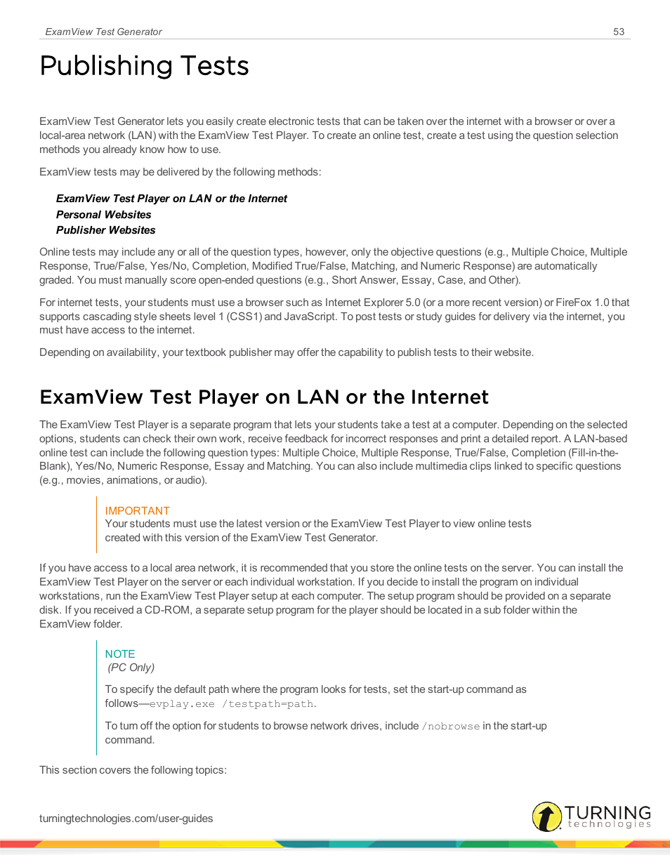 Publishing tests, Examview test player on lan or the internet | Turning Technologies ExamView User Manual | Page 53 / 190