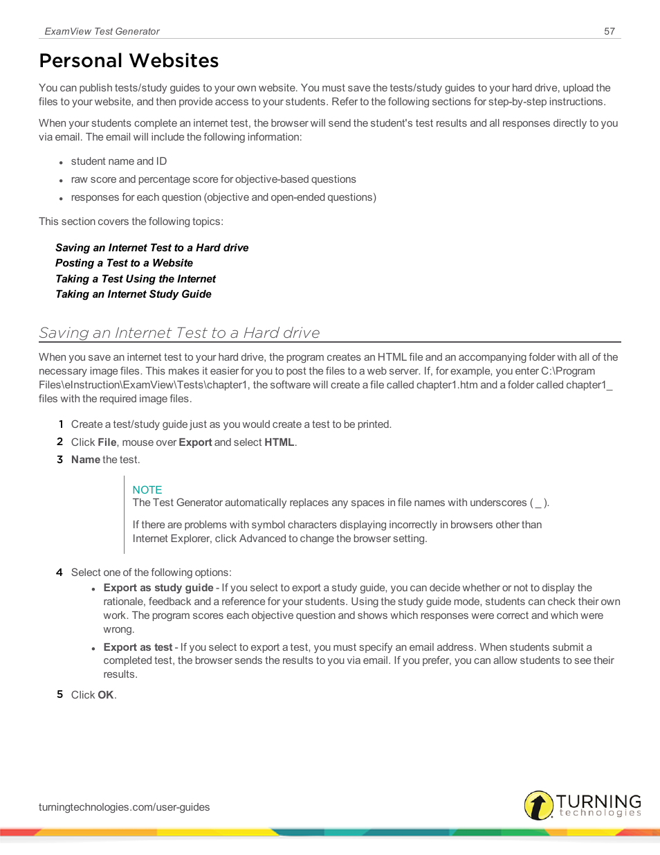 Personal websites, Saving an internet test to a hard drive | Turning Technologies ExamView User Manual | Page 57 / 190