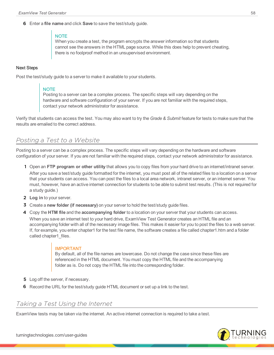 Posting a test to a website, Taking a test using the internet | Turning Technologies ExamView User Manual | Page 58 / 190