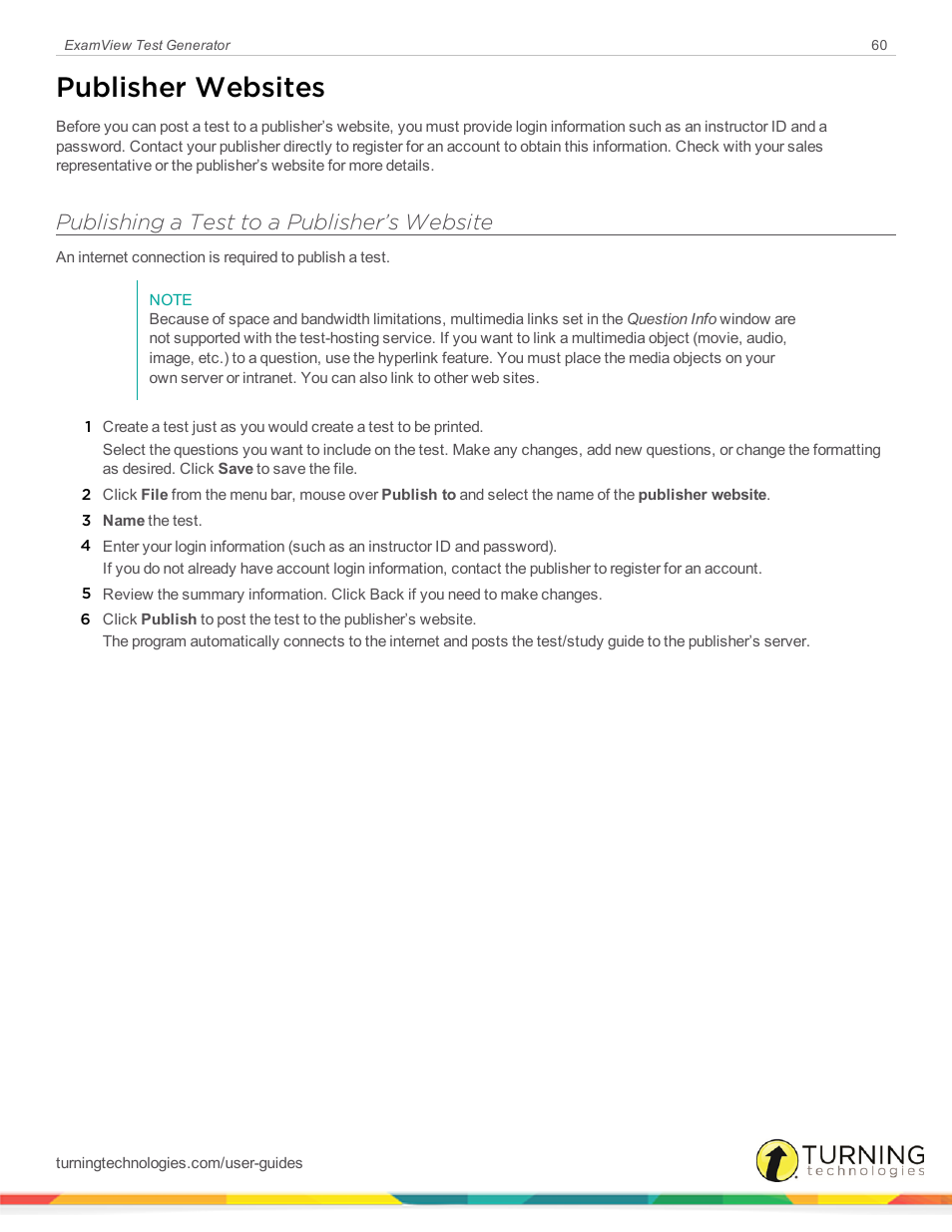 Publisher websites, Publishing a test to a publisher’s website | Turning Technologies ExamView User Manual | Page 60 / 190