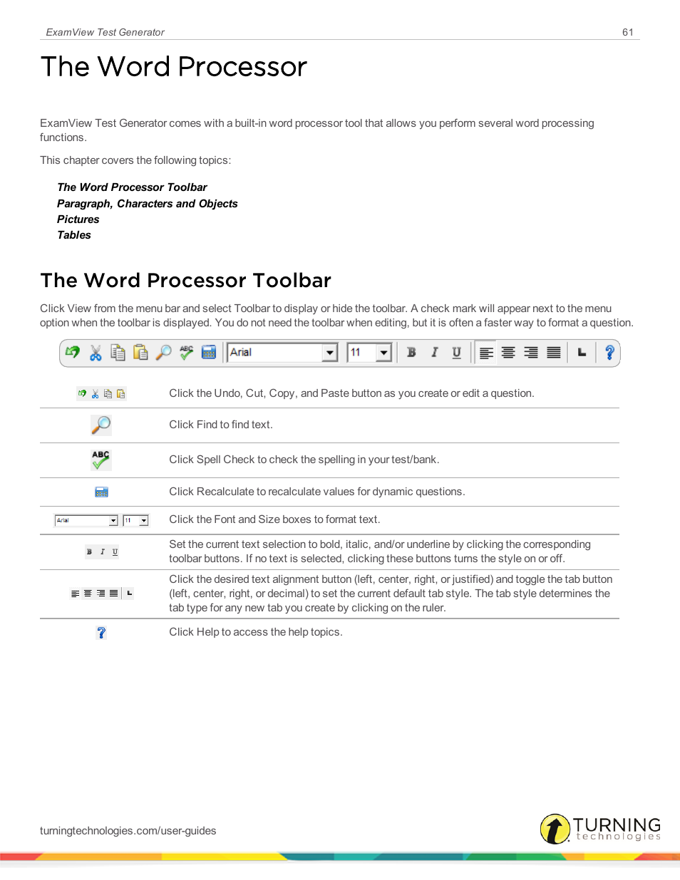 The word processor, The word processor toolbar | Turning Technologies ExamView User Manual | Page 61 / 190